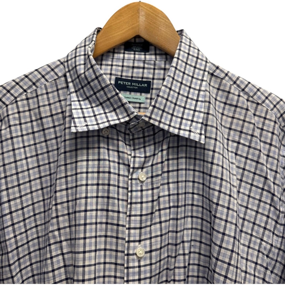 Peter Millar Collection Mens Sz XL Summer Chambray White/Blue Plaid Cotton Shirt